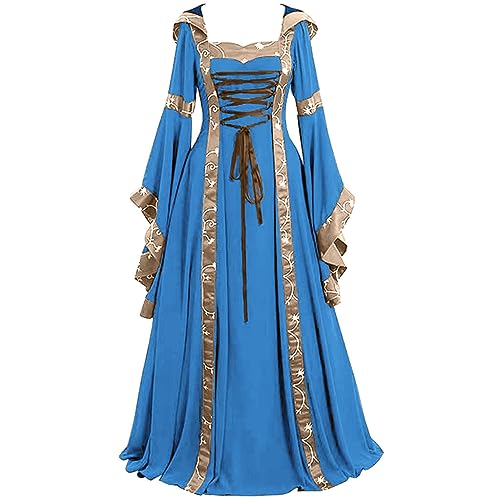 AMMICCO Renaissance Kostüm Frauen Hexe Mittelalter Kleider Kapuze Vampir Verkleidung Retro Viktorianische Königin Trompete Ärmel Gothic Halloween Karneval Party Cosplay (L, Blau) von AMMICCO