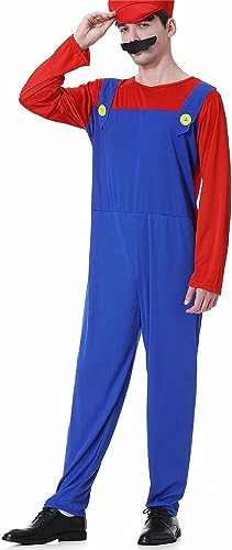 AMMICCO Super Kostüm Bruder Klempner Mario Kostüme Halloween Cosplay Kostüm Unisex Herren Damen Jungen Mädchen Erwachsene Kinder Kostüm (Männer rot, XL) von AMMICCO