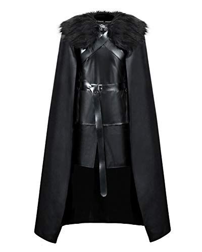 AMNPOLEN Jon Snow Knights Armbanduhr Kostüm Umhang Erwachsene Herren Thrones Halloween Cosplay Mittelalter Schwarz PU Full Party Cape Outfit, Schwarzes Komplettset, 3XL von AMNPOLEN