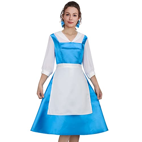 Erwachsene Belle Cosplay Kostüm Dienstmädchen Blau Kleid Outfit Frauen Mädchen Schönheit Prinzessin Halloween Party Ballkleid Dress up Requisiten (Blau 01, Large) von AMNPOLEN