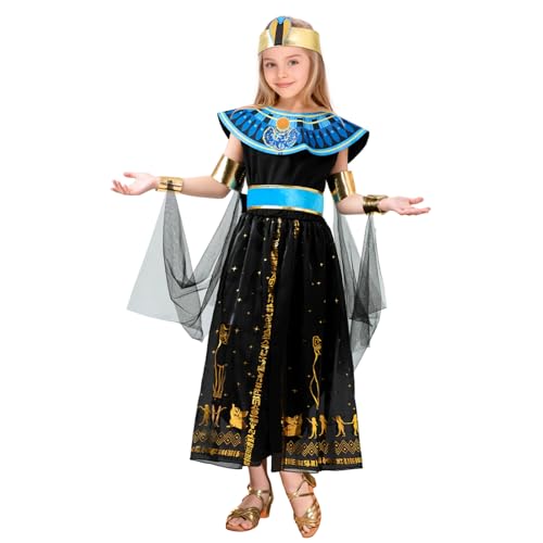 AMOBON Cleopatra Kostüm Kinder Mädchen: Kleopatra Faschingskostüme Kinder mit Kopfdekoration - Ägypten Kleid Mädchen für Karneval Fasching Carnival Mottoparty Cosplay (Schwarz, L) von AMOBON