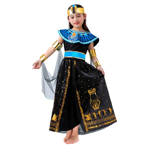 AMOBON Cleopatra Kostüm Kinder Mädchen: Kleopatra Faschingskostüme Kinder mit Kopfdekoration - Ägypten Kleid Mädchen für Karneval Fasching Carnival Mottoparty Cosplay (Schwarz, L) von AMOBON