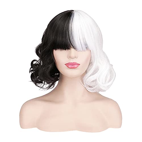 AMOBON Karneval Cruella Perücke Schwarz und Weiß, Anime Cosplay Perücken für Cruella Deville Kostüm, Damen Kurze Lockige Haare mit Pony Wig für Fasching Carnival Motto Party von AMOBON