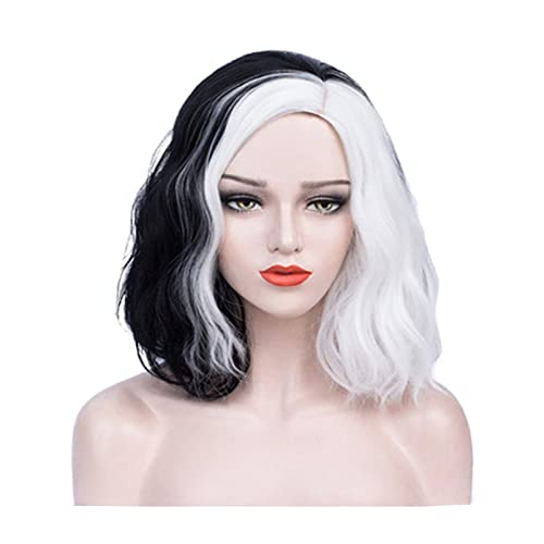 AMOBON Karneval Cruella Perücke Schwarz und Weiß, Anime Cosplay Perücken für Cruella Deville Kostüm, Damen Mittellange Lockige Haare Bob Wig für Fasching Carnival Motto Party (A) von AMOBON