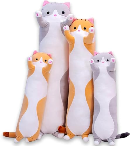 AMOZO Katze Kuscheltier Stofftier Lange Katzen Kissen Plüschtiere Kawaii große süße Cat Plüsch Sofakissen Geschenke für Freunde Kinder Dekoration(Gray,130cm) von AMOZO