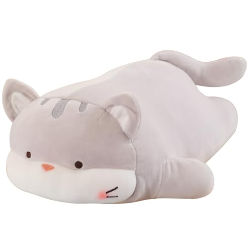 AMOZO Katze Kuscheltiere Kawaii Süße Katze Plüschkissen Stofftiere Weiche Plüschtier Kitty Plüsch Dekokissen Geschenke für Mädchen Kinder (Gray) von AMOZO