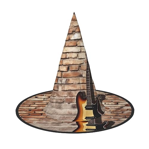 AMREWQYL Gitarre alte Ziegelmauer Hintergrund gedruckt Halloween Hut Hexenhut Halloween Party Dekoration von AMREWQYL