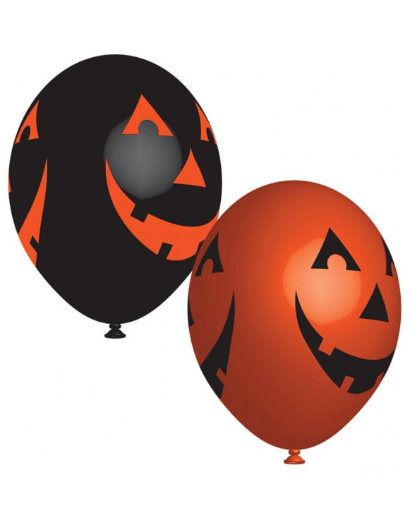 Kindgerechte Halloween-Ballons mit Kürbis-Motiven 6 Stück orange-schwarz 27cm von AMSCAN