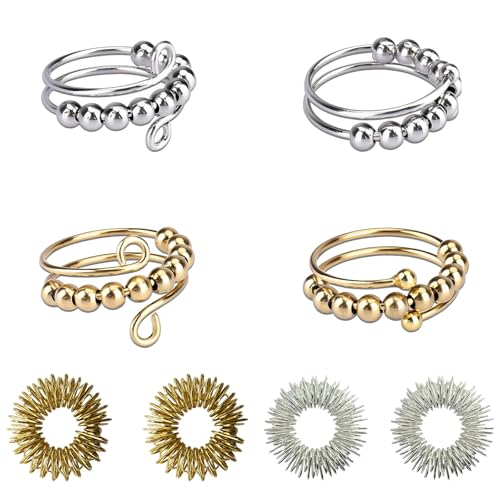 AMSNINK 4 Stück Verstellbare Anti Stress Ring Mit 4 Stück Akupressur Ring, Fidget Ring, Anxiety Ring, Stress Ring, Skills Ringe, Antistress Ringe, Für Mädchen Und Frauen Stress Relief Ängstlichkeit von AMSNINK