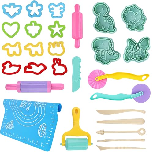 AMSNINK 29 Stück Knete Zubehör, Knetwerkzeug, Knete Set, Knetzubehör, Einschließen Teig Plastilin Werkzeuge, Formen, Teigrolle, Knetmatte, Geschenk-Set Für Jungen Und Mädchen von AMSNINK