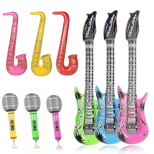 AMSNINK 9 Stück Aufblasbare Party Props-3 Aufblasbare Gitarre,3 Mikrofone,3 Saxophon, Luftgitarren Zum Aufblasenm, Aufblasbare Gitarre, Luftgitarre, Aufblasbare Instrumente von AMSNINK