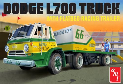 AMT - 1/25 1966 Dodge L700 Truck w/Flatbed Racing Traile - Plastikmodellbausatz, Weiss/Opulenter Garten von AMT