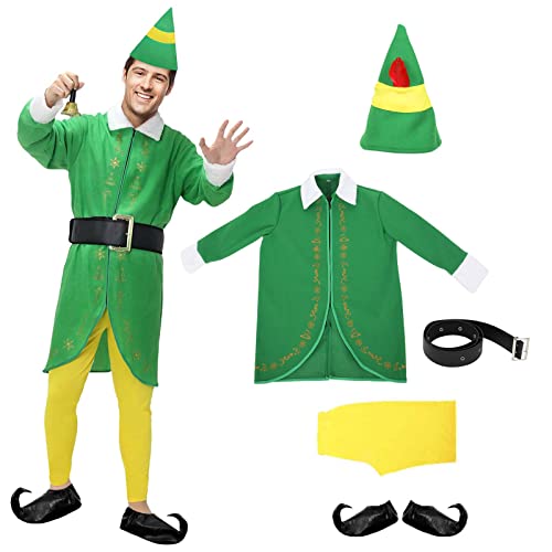 Herren Elfenkostüm Grün Weihnachten Kostüm Deluxe Halloween Weihnachten Cosplay Komplettes Set Kostüme Anzug inklusive Mantel Hut Hose Gürtel, M von AMUGEL