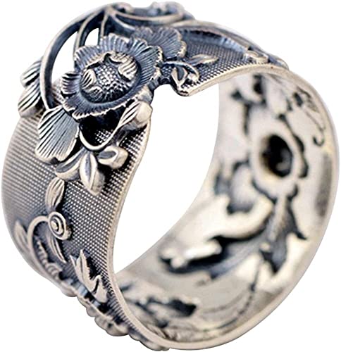 AMZBNEIDI Chinese Lucky Feng Shui Auspicious Ring ， Breiter schwarzer Vintage-Ring aus 999er Sterlingsilber mit Pfingstrosenblüte for Frauen und Mädchen, 15 mm, offen und verstellbar von AMZBNEIDI