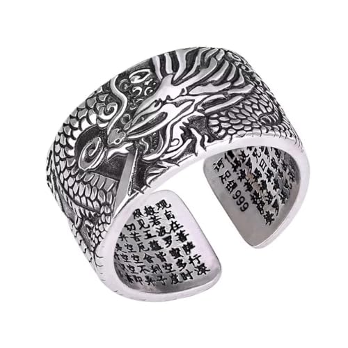 AMZBNEIDI Chinese Lucky Feng Shui Auspicious Ring ， Feng Shui Drachenringe 990 Sterling Silber tibetisch buddhistischer Herzsutra-Ring for Reichtum Glücksbringer offene verstellbare Ringe von AMZBNEIDI