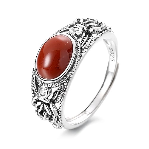 AMZBNEIDI Chinese Lucky Feng Shui Auspicious Ring ， Ring aus natürlichem Achatstein, S Sterlingsilber mit Rand aus Rosenblüte und Karneol-Edelstein, handgefertigte Ringe, Geschenk for Frauen von AMZBNEIDI