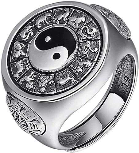 Chinese Lucky Feng Shui Auspicious Ring ， Spinnerring aus 925er Sterlingsilber im Vintage-Stil mit Emaille, antikem chinesischen Symbol, Yin und Yang, mit 12 chinesischen Sternzeichen, for Männer und von AMZBNEIDI