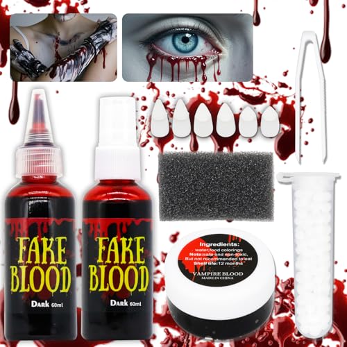 AN-WATTY Halloween Schminke 4er Set, Kunstblut Spray 60ml + Tropfendes Fake Blood 60ml + Geronnenes Blutplasma 30g + 3 Paare Vampir Zähne, Kunstblut Auswaschbar für Kleidung, Zombie, Vampir, Cosplay von AN-WATTY