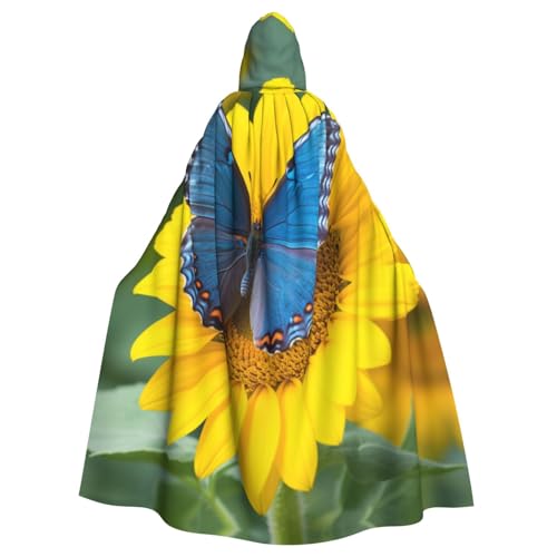 ANABPRMA Sonnenblumen-blauer Schmetterling Kapuzenumhang für Erwachsene, langer Umhang, geeignet für Halloween/Kostümparty/Cosplay/Themenparty, Unisex von ANABPRMA