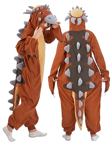 ANACOSPLAYONE Erwachsene Pachycephalosaurus Onesie Pyjama Dinosaurier Cosplay Halloween Weihnachten Tierkostüm Damen Herren Neuer Pachycephalosaurus Onesie Kostüm klein von ANACOSPLAYONE