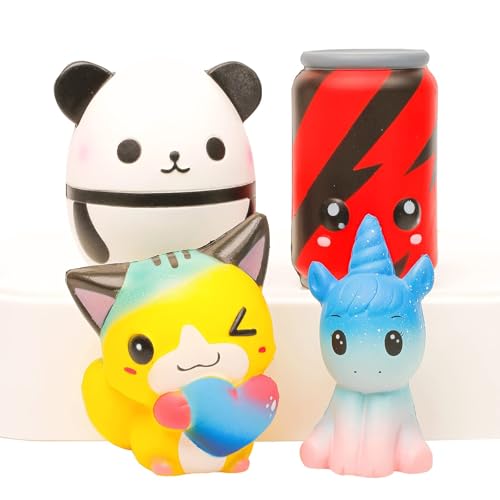 ANBOOR 4pcs Squishies Food Set,Kawaii Einhorn Squishies Pferd,Cola Dose,Katzen Squishies,Panda Egg Squeeze Sets für Kinder Party Favor Geschenk Stressabbau Spielzeug Ostern Deko von ANBOOR