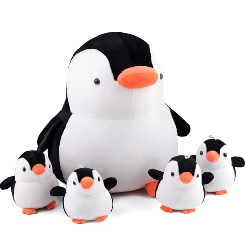 ANBOOR 5 Stück Pinguine Plüschtiere, 30cm große Pinguine und 4 süße Pinguinebabys, weiches Plüschspielzeug-Set für Kinder, realistisches Plüschtier-Spielzeug als Dekoration für Geburtstagspartys von ANBOOR