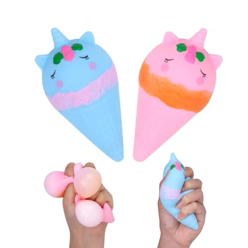 Anboor Ice Cream Squishy Spielzeug 2er-Pack, süßer Einhorn Stressball für Mädchen und Jungen, sensorisches Lebensmittel-Druckspielzeug zur Angstlinderung, dehnbares Fidget-Spielzeug (Blau & Rosa) von ANBOOR