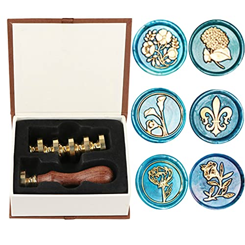 Wachssiegel-Stempel-Set, Anbose Kirsche Kamille Sonnenblume Rose Magnolie Wachssiegelstempel-Set inkl. 6 Stück Siegelwachsstempel Kupfersiegel + 1 Holzgriff (B) von ANBOSE