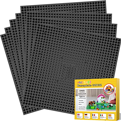 ANDIMEI Bauplatte Grundplatte Platte 32x32-8 Stück 25.5x25.5 cm Gross Schwarz Platten Set Kompatibel mit Meisten Marken Classic Klemmbausteine Grundplatte Konstruktionsspielzeug für Kinder von ANDIMEI