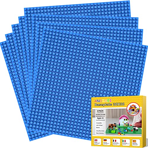 ANDIMEI Grundplatte Bauplatten Platten 32x32-8 Stück Groß 25.5x25.5cm Blaue Platte Set Klemmbausteine Bauplatte für Classic, Kompatibel mit Meisten Marken Grundplatte für Kinder ab 4 Jahren von ANDIMEI