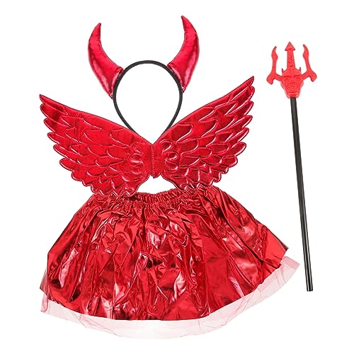 ANDRESLAD 1 Set Halloween Flügel Hörner Kopfschmuck Netzrock Ochsenhörner Stirnband Teufelskostüm Anzug Rotes Tutu Dämonenhörner Teufel Cosplay Requisite Teufelshörner von ANDRESLAD