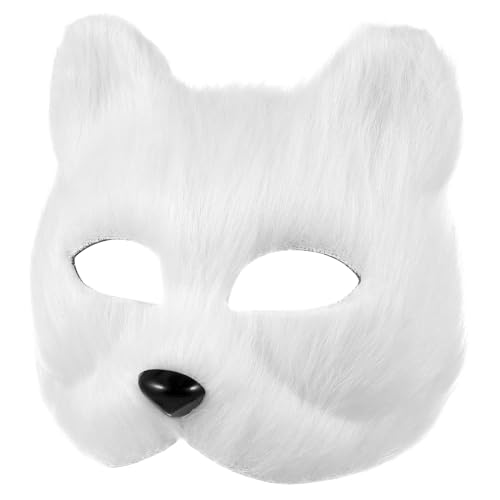 ANDRESLAD Fuchs Maske Fell Fälschung Therianischer Wolf Tiermaske Therian-fuchs-maske Cosplay-maske Strass-maskerade Waschbärenmaske Therische Katzenmaske Flauschige Katzenmaske Weiß Flanell von ANDRESLAD