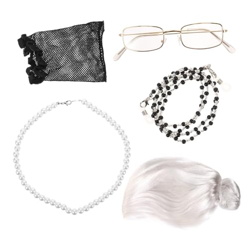 ANDRESLAD Alte Dame Perücke Set Großmutter Cosplay Kostüm Perücke Alte Dame Brille Halskette Ohrringe von ANDRESLAD