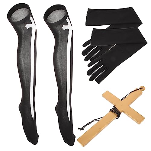 ANDRESLAD Handschuhe Kreuz Halskette Oberschenkel Hohe Socken Damen Nonnenkostüm Für Karneval Cosplay Accessoire von ANDRESLAD