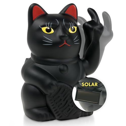 ANGRY CAT – Mini Winkekatze Lucky CAT SOLAR betrieben Lustige winkende Katze - japanische Winkkatze mit Stinkefinger - Dekoartikel Wackelfigur Katze - Winke-Arm mit Mittelfinger – 10cm – schwarz von ANGRY CAT