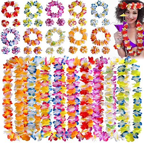 ANJUN 40 Stück Hawaiianische Leis Luau-Blumen, mit 20 Armbändern, 10 Stirnbändern und 10 Halsketten, verwendet als Zubehör in der Fotogalerie zur Dekoration von Luo Hawaiian Party von ANJUN