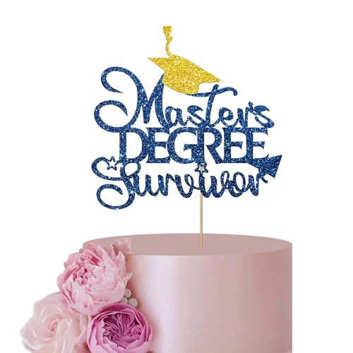 Gold & Blau Master's Degree Survivor Cake Topper für Abschlussfeier Party Dekor, Gold Glitter Grad Cap Sign Cake Topper, Congrats Masters Party Dekoration Supplies von ANNATZQ