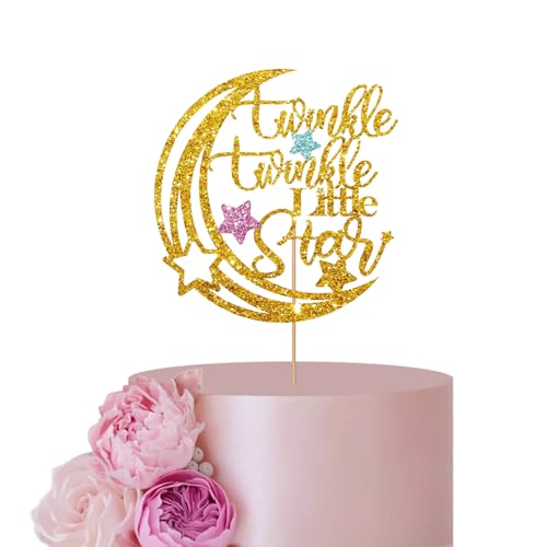 Gold & Rosa & Himmelblau Twinkle Twinkle Little Star Kuchenaufsatz für Baby Mädchen Geburtstag Party Dekor, Mond One Cake Topper, Glitzer Mond & Stern Baby Shower Party Dekoration Supplies von ANNATZQ