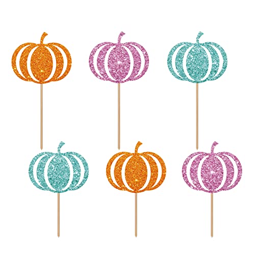 Kürbis-Cupcake-Topper, Babyparty-Essensspieße, Orange & Rosa & Blau Glitzer Herbstthema Geburtstagsparty-Dekoration Zubehör von ANNATZQ