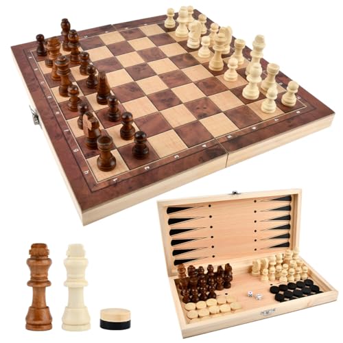 ANNTIM 29x29cm Schachspiel Holz, 3 in 1 Schachbrett Holz Hochwertig, Chess Board Klappbar Schach Tragbar Schach Reisespiel für Party Familie Aktivitäten, Reiseschach von ANNTIM