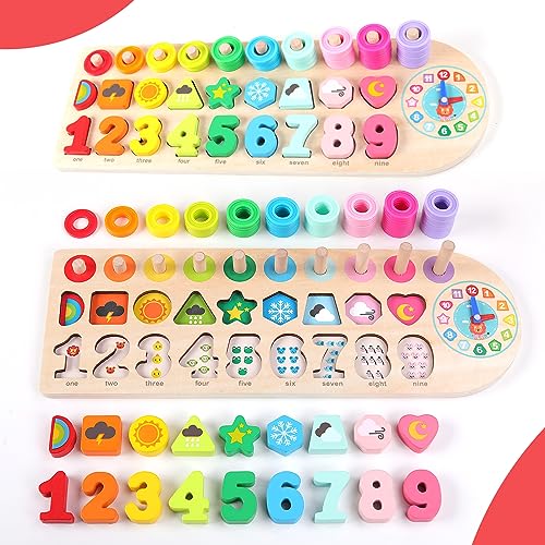 ANPEAC Holzpuzzles mit Lernuhr, Montessori Holz-Puzzle-Spielzeug,Lernspiel Mathematik für Kinder Baby 3 4 5 6 Jahre, Zahlen Formen Farben erkennen,Geschenk für Jungen Mädchen von ANPEAC