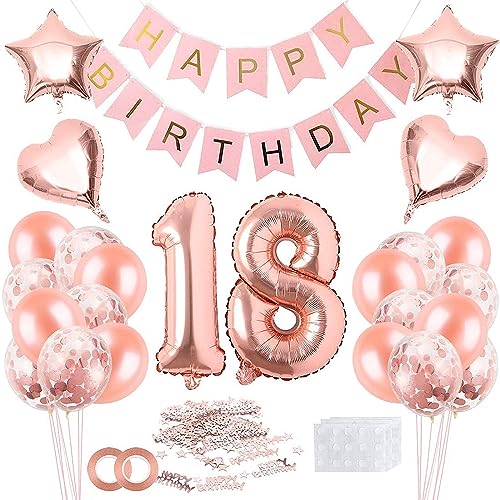 ANROI 18. Geburtstag Mädchen Dekoration, Rose Gold Party Ballons Set mit Nummer 18, Happy Birthday Banner und Girlande, Perfekt für Frauen 18. Geburtstag Feier von ANROI