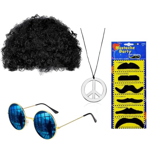 ANROI 9-teiliges Hippie-Kostümset für Herren, 70er 80er Disco Afro Perücke, Sonnenbrille, Friedenszeichen Halskette, Schnurrbart, Ideal für Retro-Party von ANROI