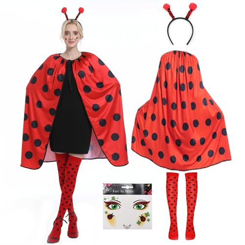 ANTROBIN Marienkafer Umhang Damen, MarienkäFer Kostüm Damen, Ladybug Kostüm mit Marienkafer Haarreif und MarienkäFer Gesichtstattoos MarienkäFerstulpen für Karneval Cosplay, Mottoparty von ANTROBIN