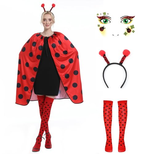 ANTROBIN Marienkafer Umhang Damen, MarienkäFer Kostüm Damen, Ladybug Kostüm mit Marienkafer Haarreif und MarienkäFer Gesichtstattoos MarienkäFerstulpen für Karneval Cosplay, Mottoparty von ANTROBIN