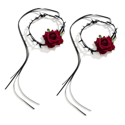 ANXJLEO 2 Stück Gothic Spitze Schwarze Rose,Blumen-Spitzen-Halskette,Verstellbare Kragen Halskette,Vintage Rose Halskette Für Halloween Karneval Cosplay Weihnachten Party (Rot) von ANXJLEO