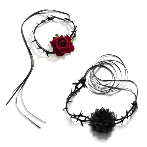 ANXJLEO 2 Stück Gothic Spitze Schwarze Rose,Blumen-Spitzen-Halskette,Verstellbare Kragen Halskette,Vintage Rose Halskette Für Halloween Karneval Cosplay Weihnachten Party (Rot Schwarz) von ANXJLEO