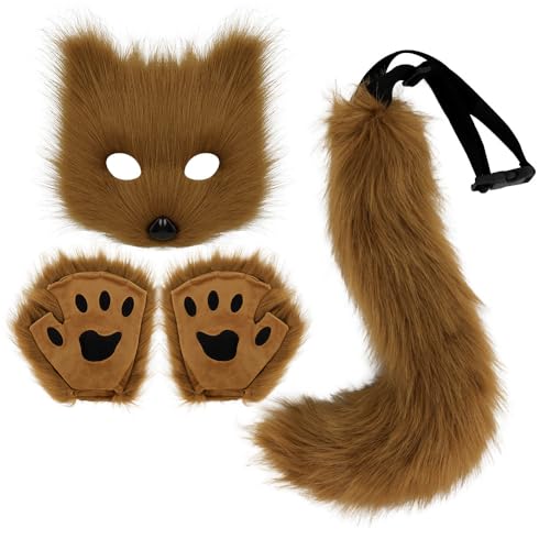 ANXJLEO Fuchs Kostüm 3 Set,Halloween Kostüm,künstliche Fuchsohren,Plüschmaske,flauschige Krallenhandschuhe,Faschingskostüm Fuchs für Karneval Halloween Tierkostüm Fuchs Ohren Cosplay (Braun) von ANXJLEO