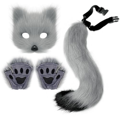 ANXJLEO Fuchs Kostüm 3 Set,Halloween Kostüm,künstliche Fuchsohren,Plüschmaske,flauschige Krallenhandschuhe,Faschingskostüm Fuchs für Karneval Halloween Tierkostüm Fuchs Ohren Cosplay (Grau) von ANXJLEO