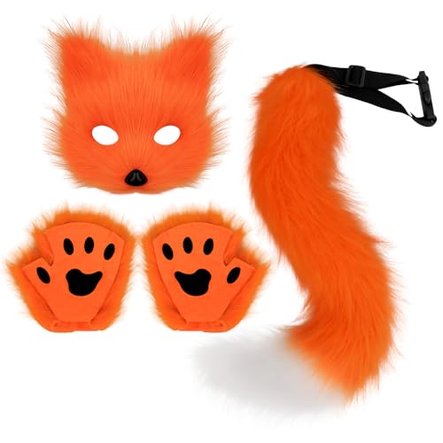 ANXJLEO Fuchs Kostüm 3 Set,Halloween Kostüm,künstliche Fuchsohren,Plüschmaske,flauschige Krallenhandschuhe,Faschingskostüm Fuchs für Karneval Halloween Tierkostüm Fuchs Ohren Cosplay (Orange) von ANXJLEO